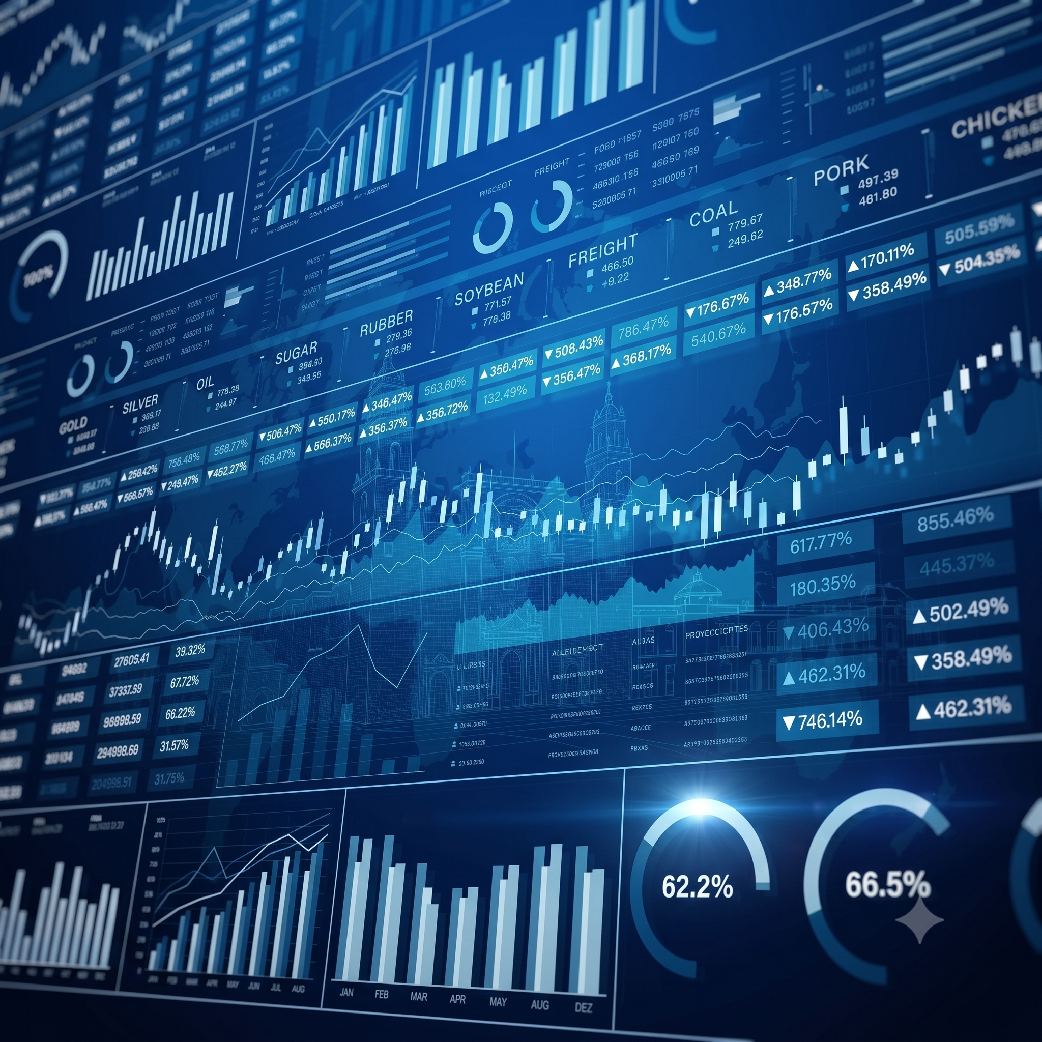 Pantalla con gráficas de velas japonesas, análisis técnico y datos del mercado bursátil